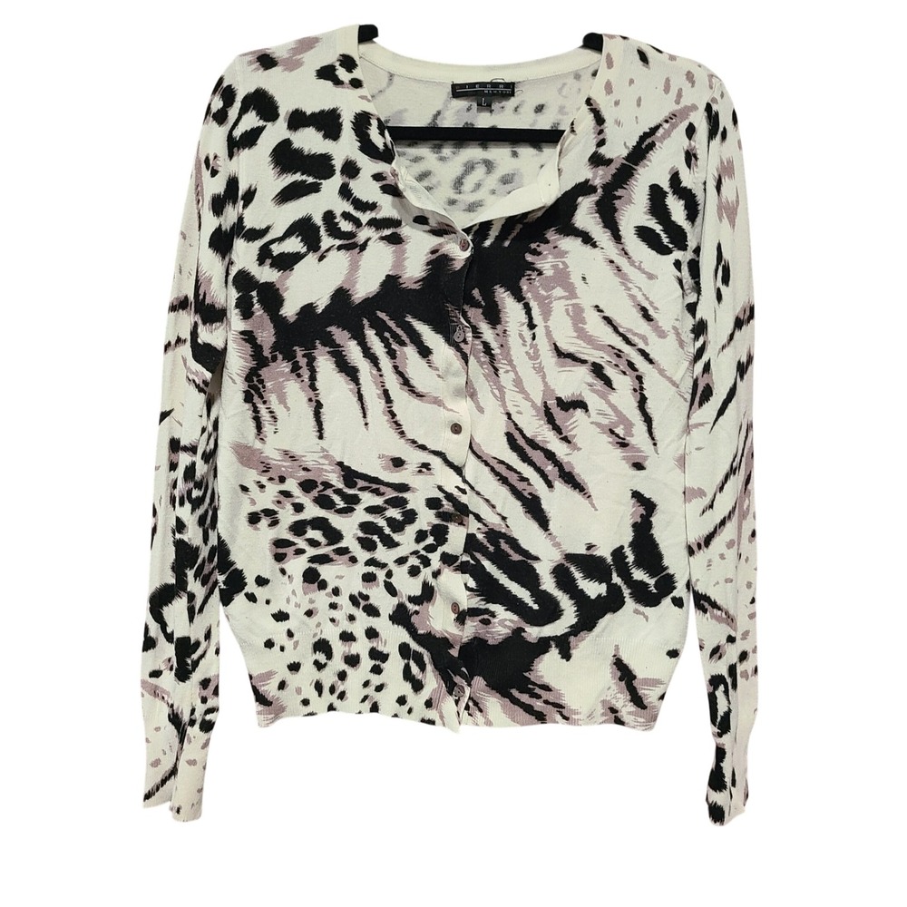 Pierri New York Women Large Animal Print Cardigan White Black Mauve Button Front